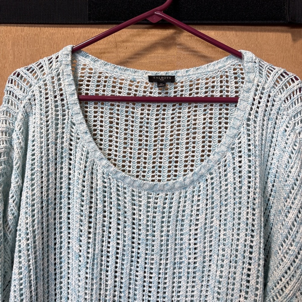 Talbots Plus Size 1X Seafoam Blue Open Knit 100% Cotton Sweater Pullover